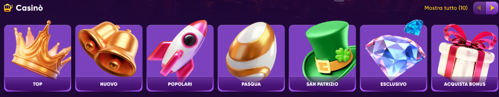 Categorie casinò: Top, Nuovo, Popolari, Pasqua, San Patrizio, Esclusivo, Acquista Bonus