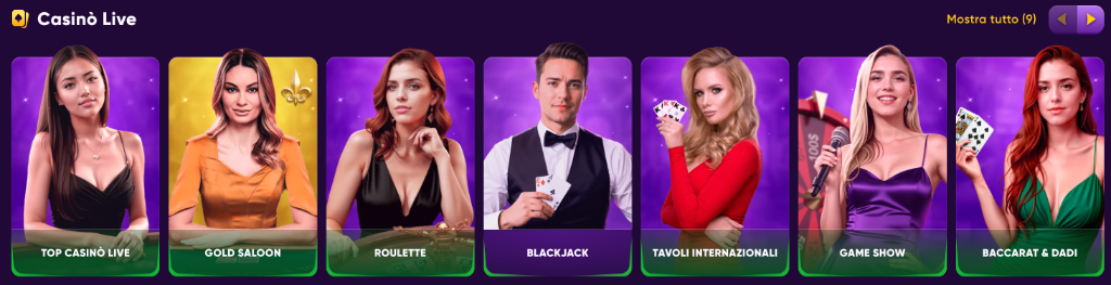 Sezione Live: Top, Gold Saloon, Roulette, Blackjack, Tavoli Internazionali, Game Show, Baccarat