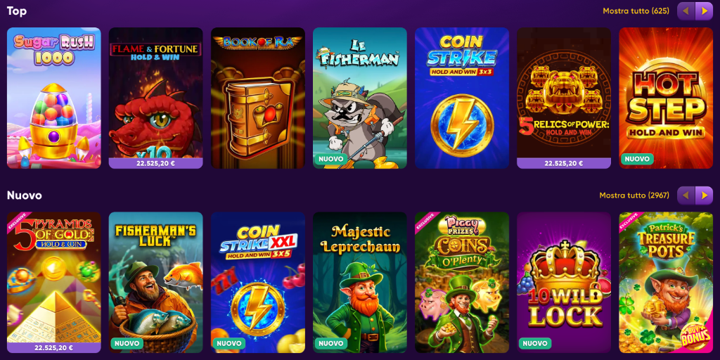 Slot disponibili: Sugar Rush, Flame and Fortune, Book of Ra, Le Fisherman, Coin Strike, Hot Step